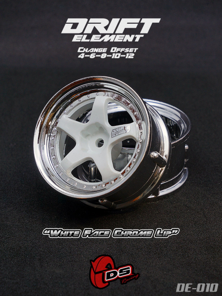 DS Racing DRIFT ELEMENT Adjustable Offset Wheels +White Face Chrome Lip+ (2)