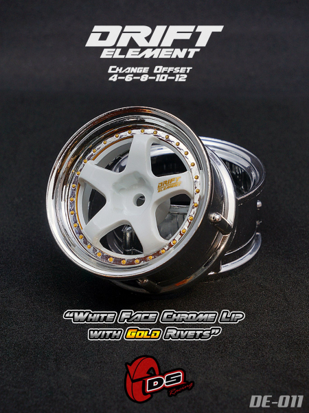 DS Racing DRIFT ELEMENT Felgen +White Face Chrome Lip with Gold Rivets+ offset einstellbar (2)