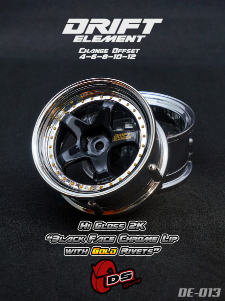 DS Racing DRIFT ELEMENT Adjustable Offset Wheels +Hi Gross 2K Black Face Chrome Lip with Gold Rivets+ (2)