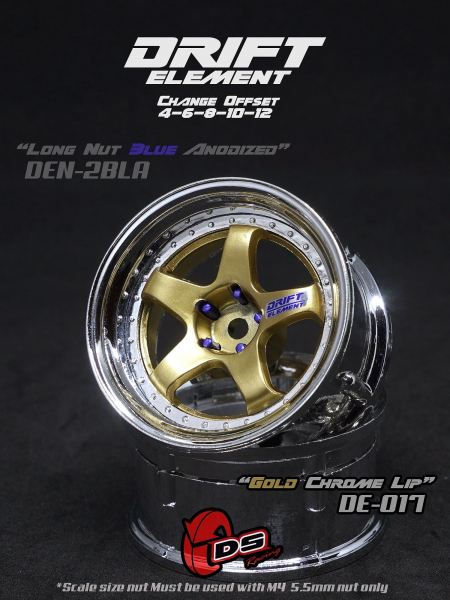 DS Racing DRIFT ELEMENT Adjustable Offset Wheels +Gold/Chrome Lip+ (2)