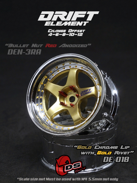 DS Racing DRIFT ELEMENT Adjustable Offset Wheels +Gold/Chrome Lip/Gold Rivets+ (2)