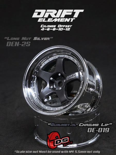 DS Racing DRIFT ELEMENT Adjustable Offset Wheels +Gunmetal/Chrome Lip+ (2)