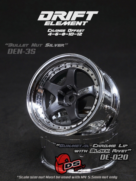 DS Racing DRIFT ELEMENT Adjustable Offset Wheels +Gunmetal/Chrome Lip/Black color+ (2)