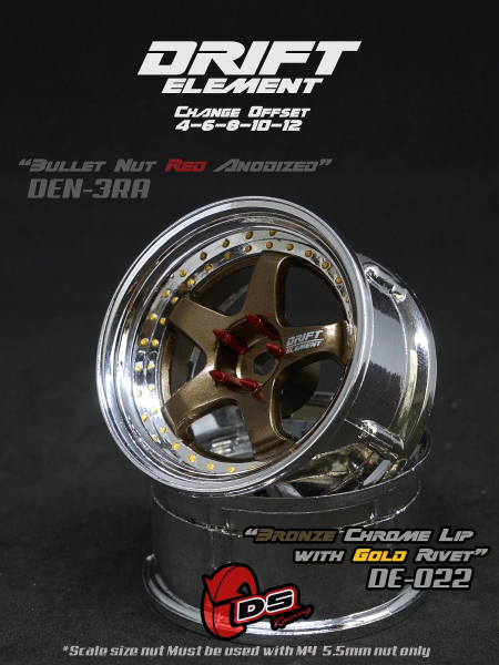 DS Racing DRIFT ELEMENT Adjustable Offset Wheels +Bronze/Chrome Lip/Gold Rivet+ (2)