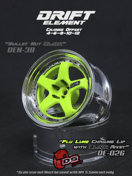 DS Racing DRIFT ELEMENT Felgen +5 Spokes Flu Lime/Chrome Lip with Black Rivets+ offset einstellbar (2)