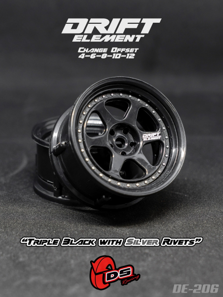 DS Racing DRIFT ELEMENT II Adjustable Offset Wheels +Triple Black with Silver Rivets+ (2)