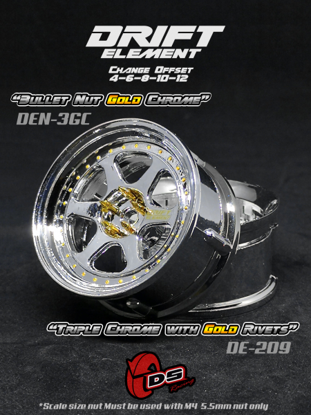 DS Racing DRIFT ELEMENT II Adjustable Offset Wheels +Triple Chrome/Gold Rivets+ (2)