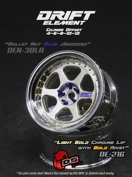 DS Racing DRIFT ELEMENT II Adjustable Offset Wheels +Light Gold/Chrome Lip/Gold Rivets+ (2)