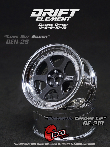 DS Racing DRIFT ELEMENT II Adjustable Offset Wheels +Gunmetal/Chrome Lip+ (2)