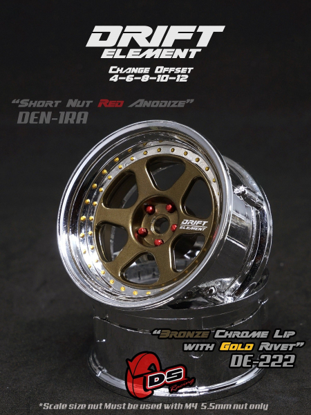 DS Racing DRIFT ELEMENT II Adjustable Offset Wheels +Bronze/Chrome Lip/Gold Rivets+ (2)