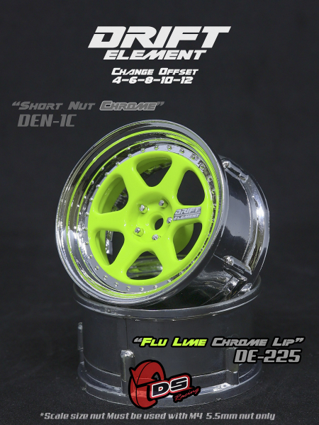 DS Racing DRIFT ELEMENT Adjustable Offset Wheels +6 Spokes Flu Lime/Chrome Lip+ (2)