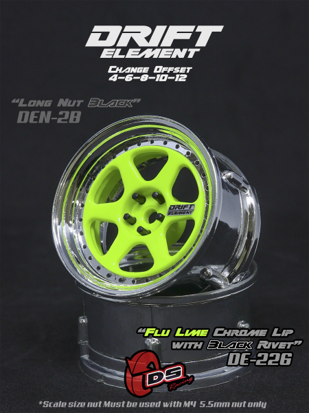 DS Racing DRIFT ELEMENT Felgen +6 Spokes Flu Lime/Chrome Lip/Black Rivets+ offset einstellbar (2)