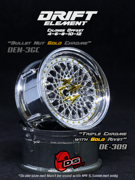 DS Racing DRIFT ELEMENT Felgen Mesh (Tri Chrome/Gold Rivets) - offset einstellbar (2)