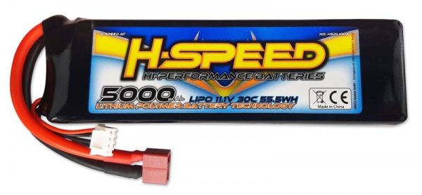 H-SPEED LiPo 5000mAh 11.1V 30C Racing Akku mit T-Stecker und XH (155x45x26mm)
