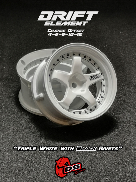 DS Racing DRIFT ELEMENT Adjustable Offset Wheels +Triple White with black Rivets+ (2)