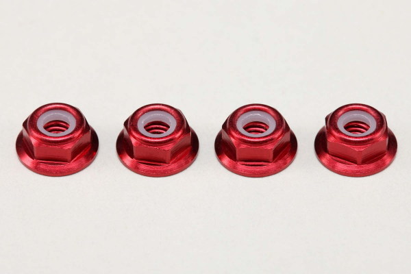Yokomo Aluminium 4 mm dünne Flanschmuttern mit Nylon-Sicherungsring, Rot (4 Stück)