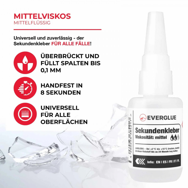 Everglue Sekundenkleber Cyanacrylat mittelviskos extra lange lagerfähig 20g Dosierflasche